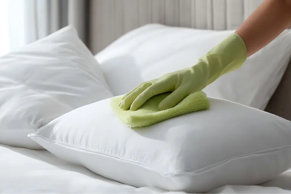Nettoyage d'un oreiller avec un chiffon vert